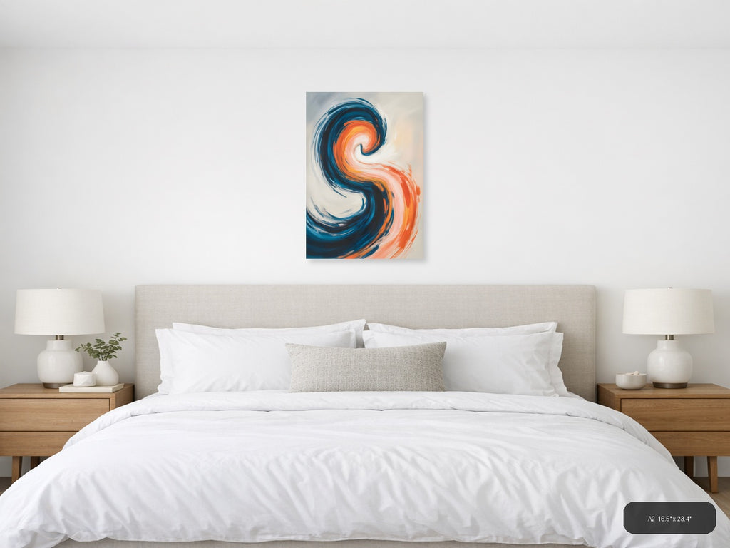 Blue and Orange Abstract Swirl Modern Wall Art — A2 / Bedroom