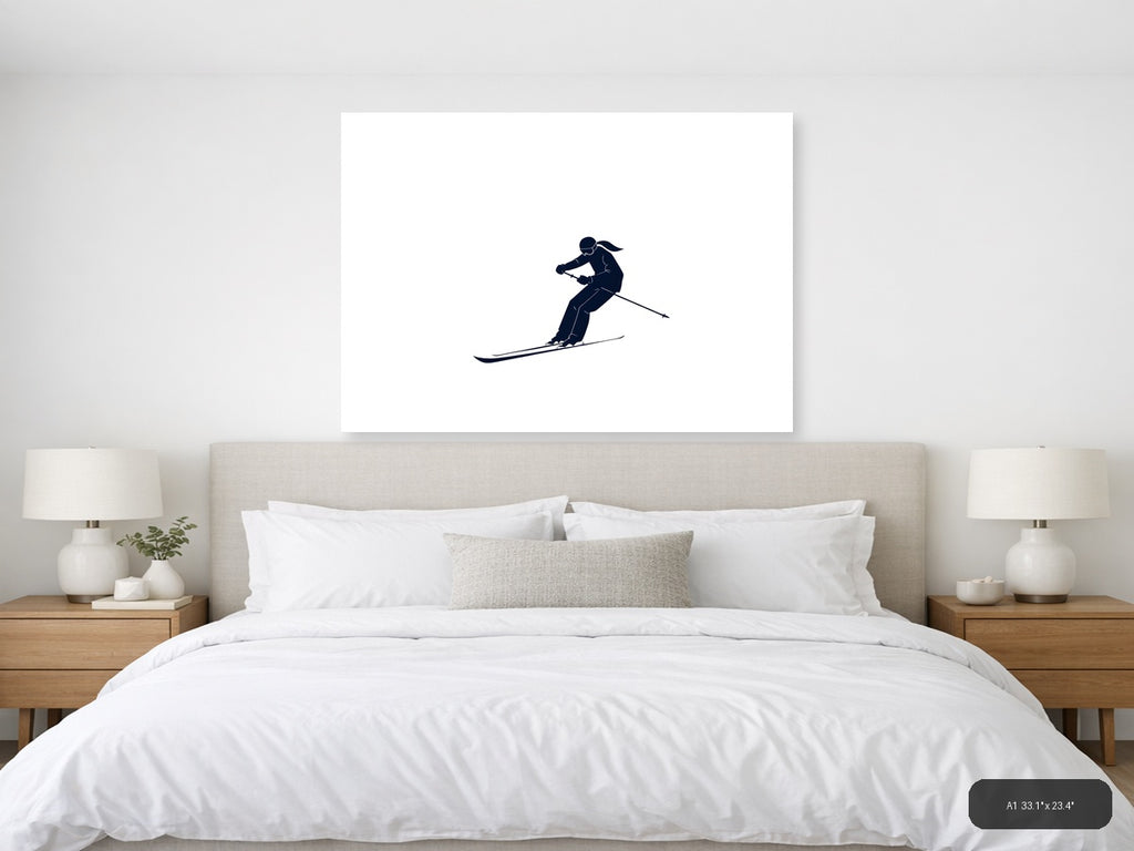 Minimalist Skier Silhouette Navy Blue Wall Art — A1 / Bedroom