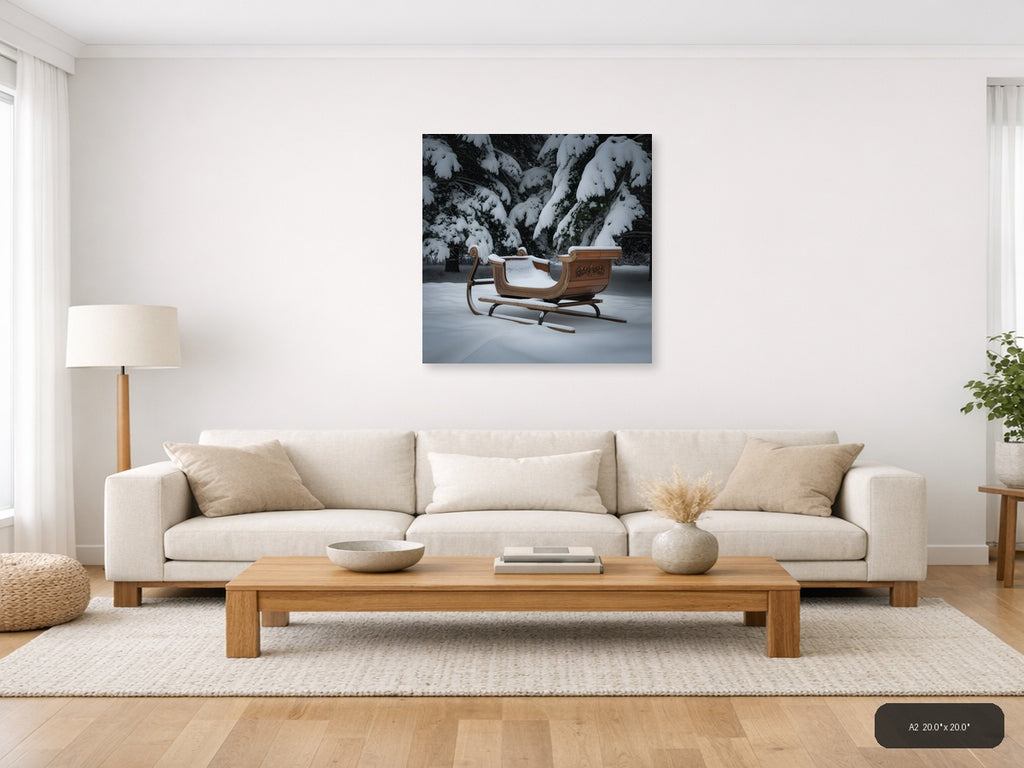 Ornate Wooden Sleigh in Winter Forest Snow Photography — A2 / Living Room