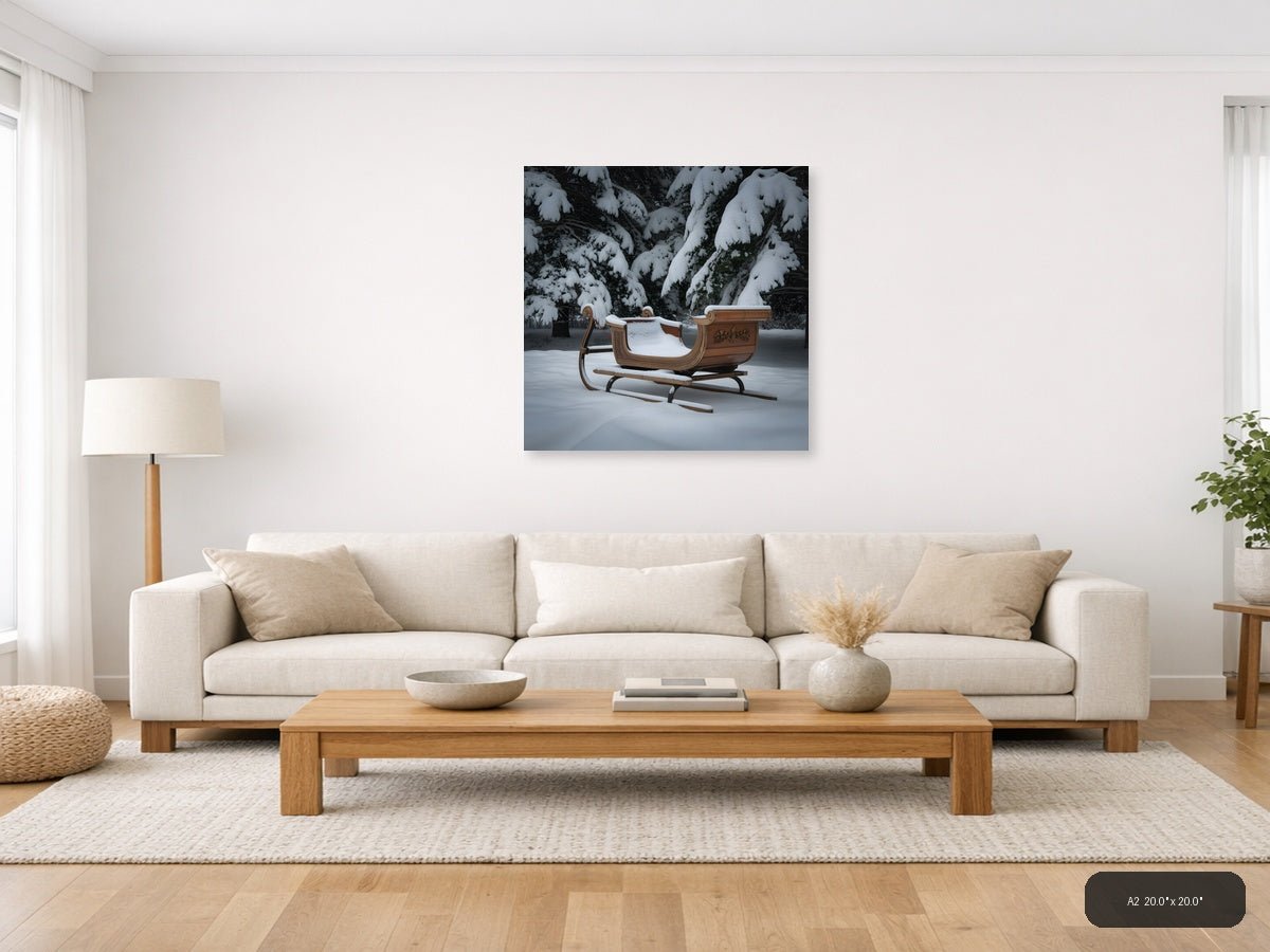 Ornate Wooden Sleigh in Winter Forest Snow Photography — A2 / Living Room