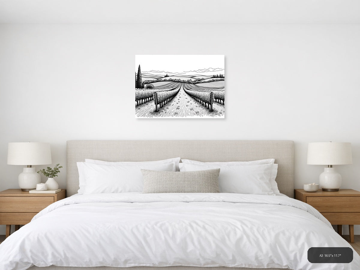 Tuscan Vineyard Landscape Line Art Wall Art — A3 / Bedroom
