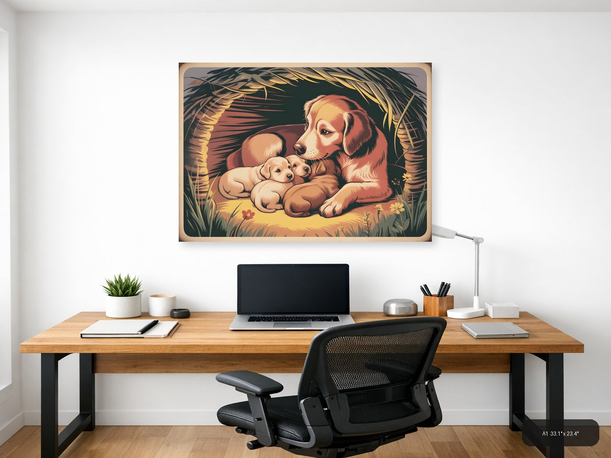 Vintage Mother Dog and Puppies Nest Wall Art — A1 / Office