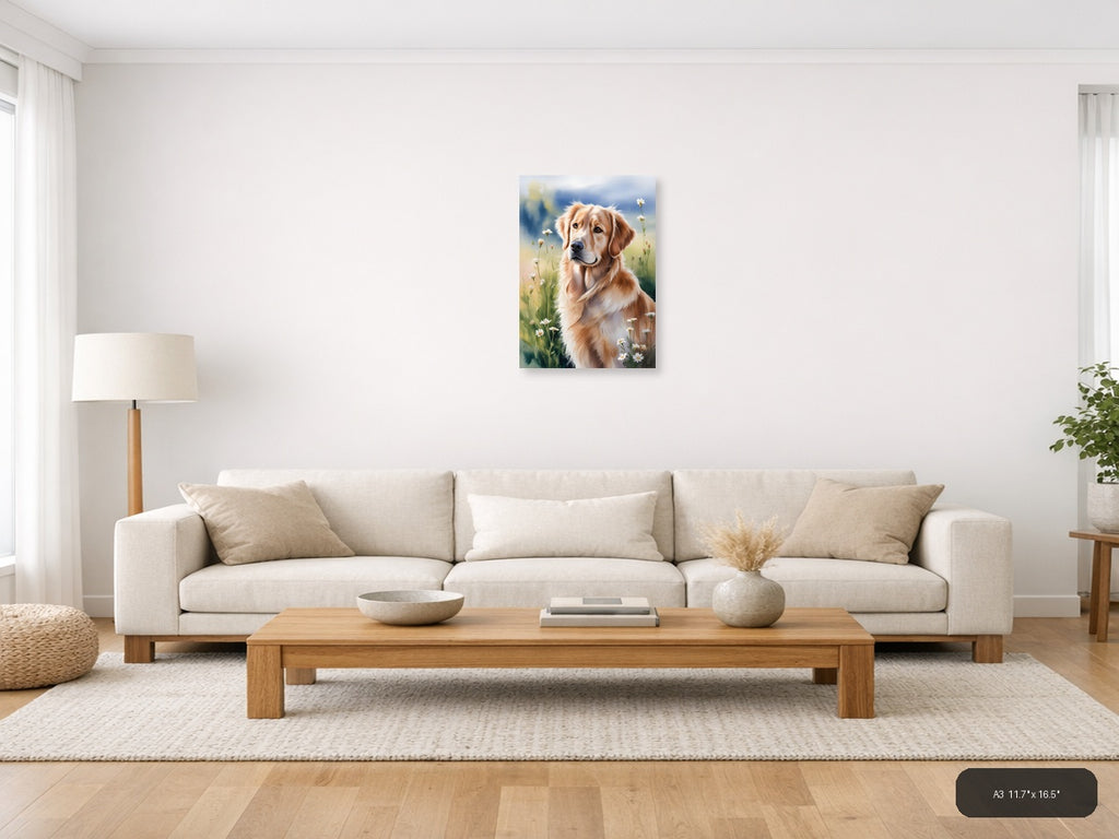 Golden Retriever in Wildflower Meadow Watercolor Wall Art — A3 / Living Room