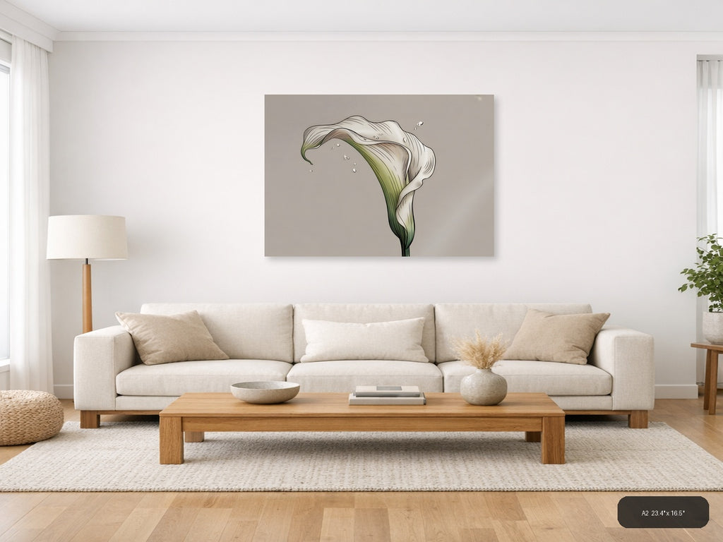 White Calla Lily with Water Drops Line Art Wall Art — A2 / Living Room