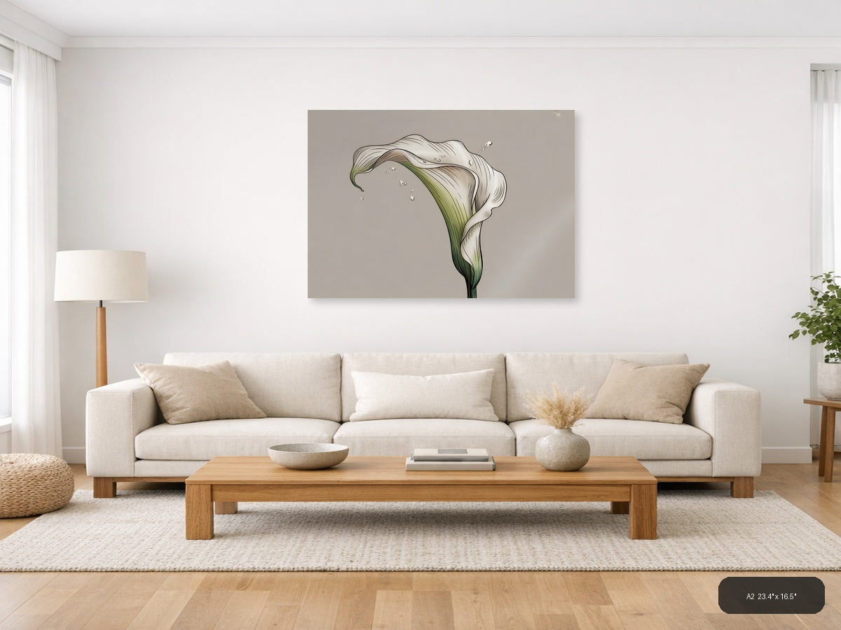 White Calla Lily with Water Drops Line Art Wall Art — A2 / Living Room