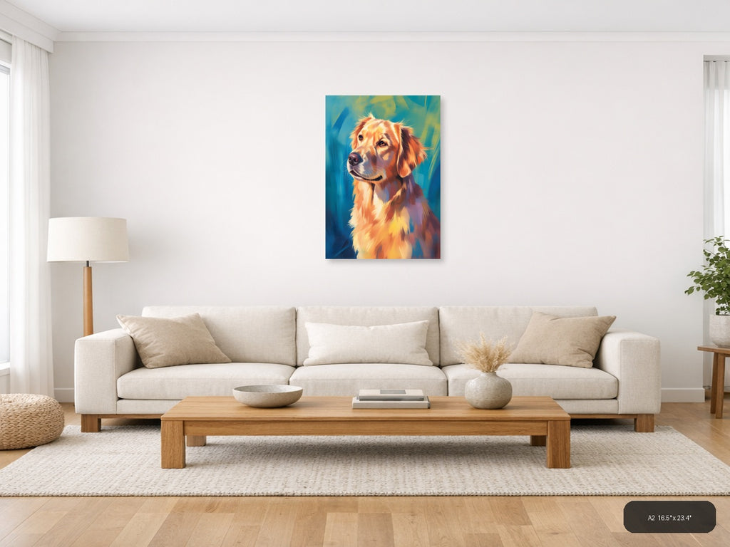 Golden Retriever Portrait Abstract Blue Wall Art — A2 / Living Room