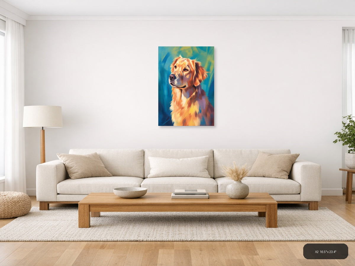 Golden Retriever Portrait Abstract Blue Wall Art — A2 / Living Room