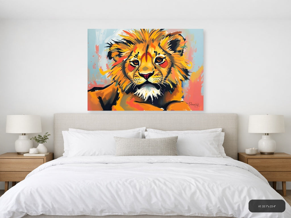 Abstract Lion Portrait - Vibrant Orange Wall Art — A1 / Bedroom