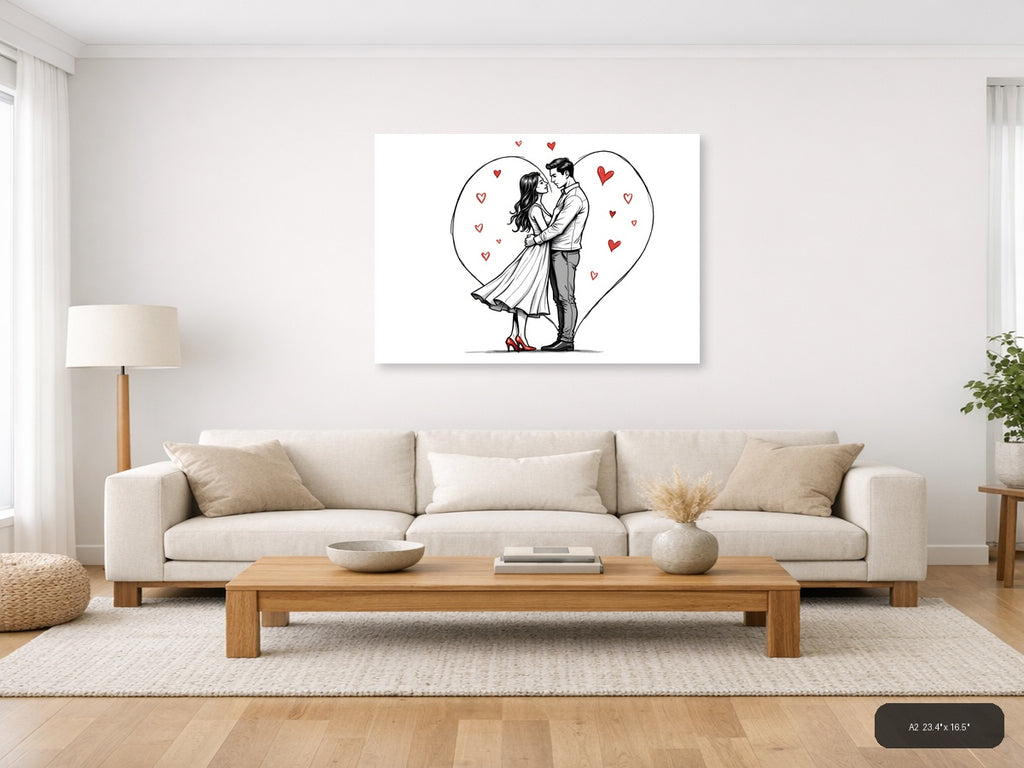 Romantic Couple in Heart Line Art Wall Art — A2 / Living Room