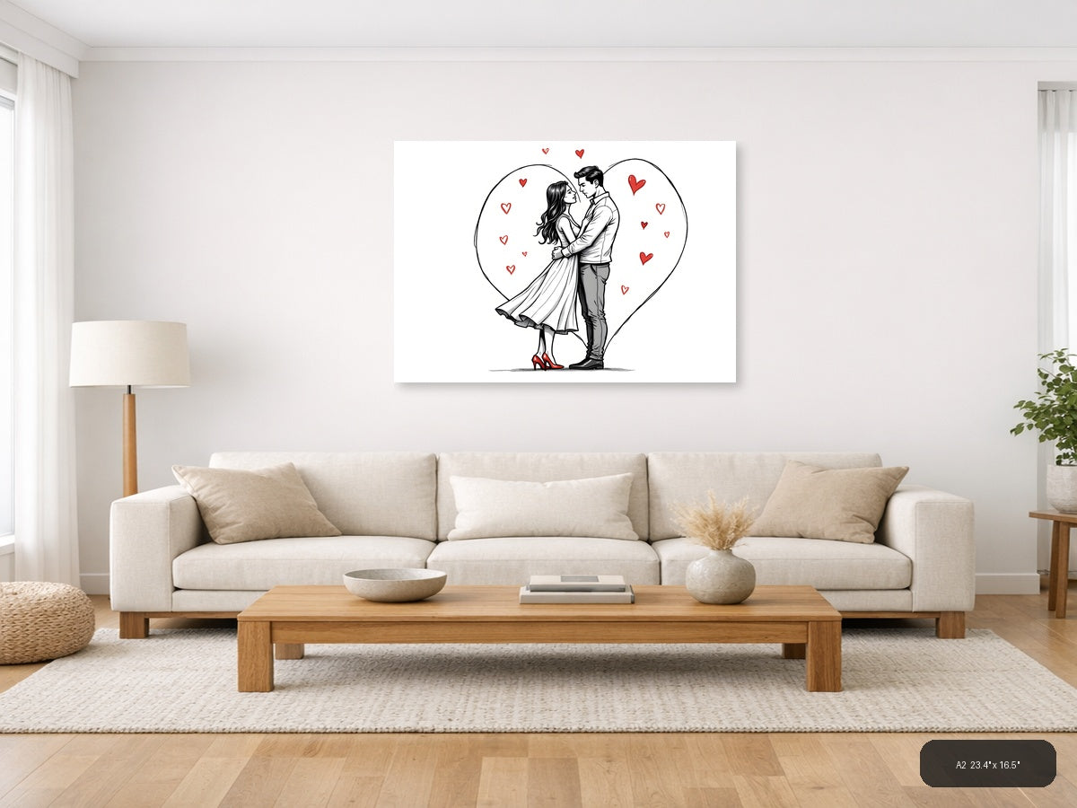 Romantic Couple in Heart Line Art Wall Art — A2 / Living Room