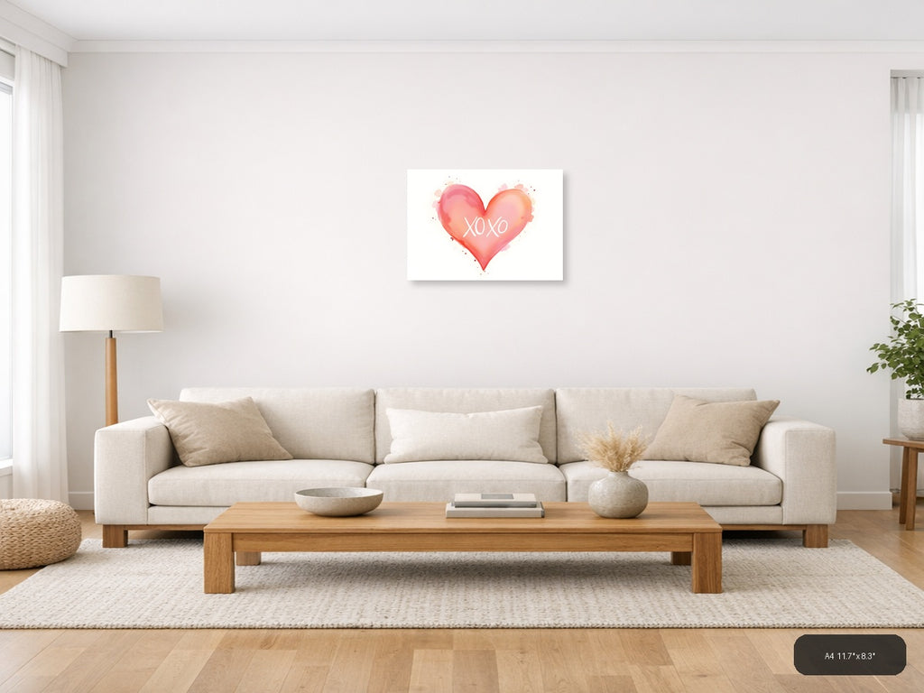 XOXO Watercolor Heart Pink Gradient Wall Art — A4 / Living Room