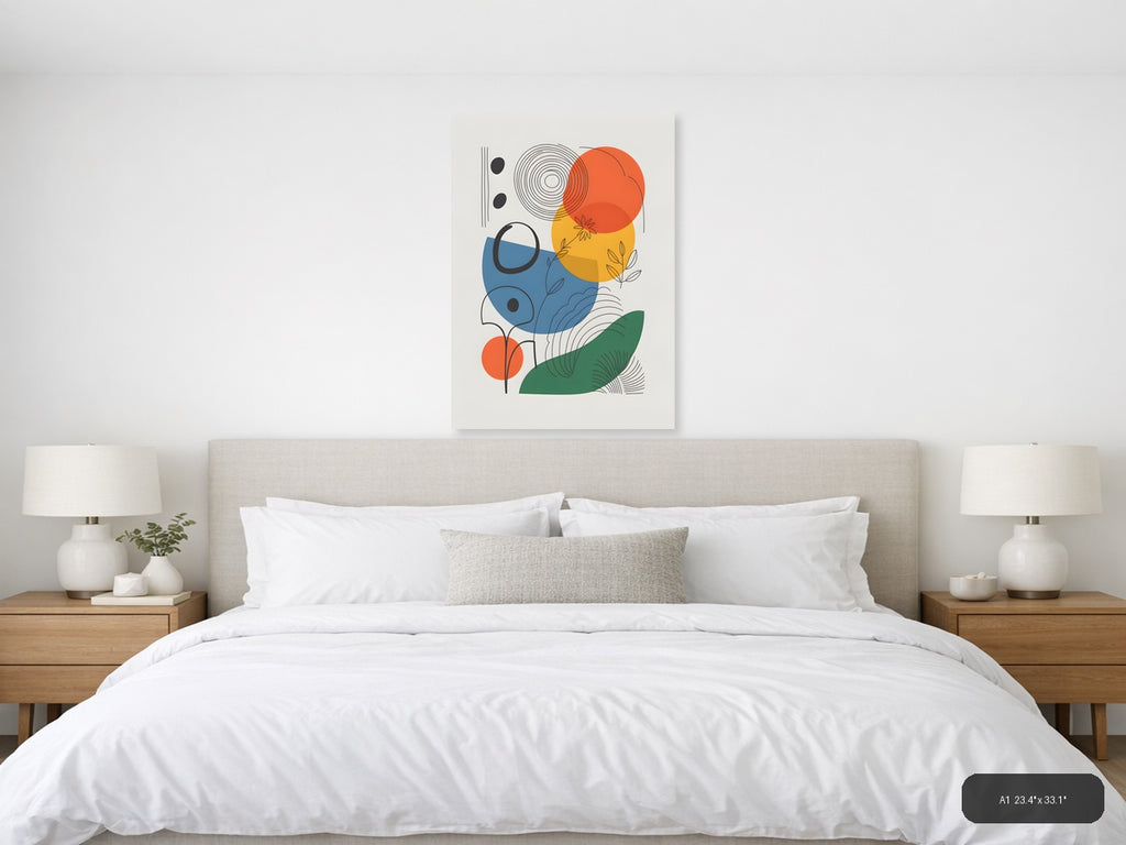 Abstract Geometric Line Art with Colorful Circles Wall Art — A1 / Bedroom