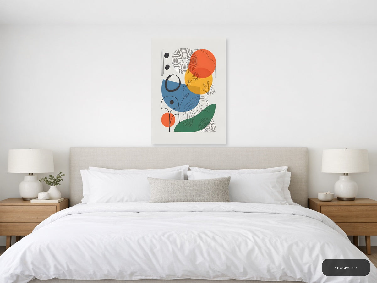 Abstract Geometric Line Art with Colorful Circles Wall Art — A1 / Bedroom