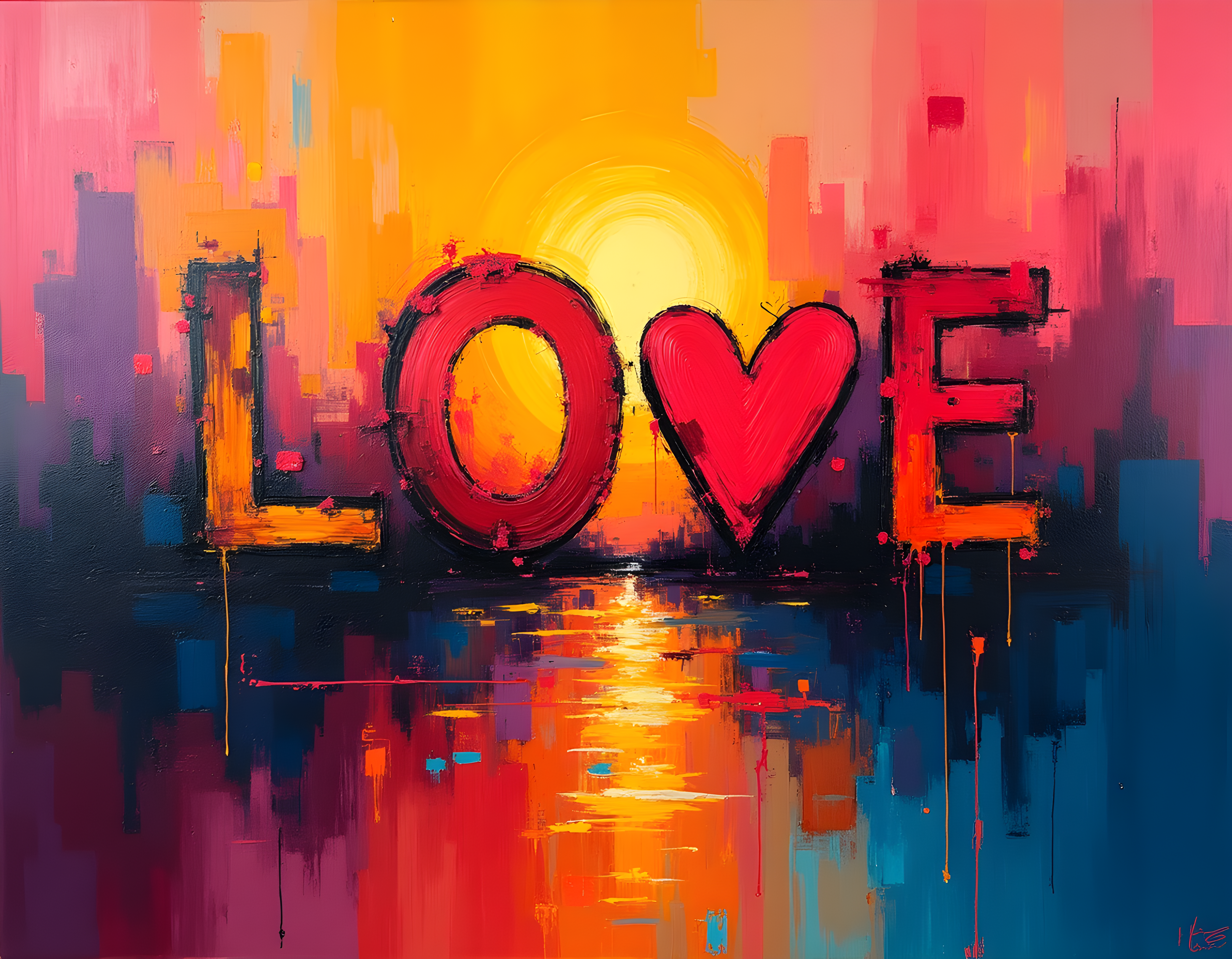 LOVE Abstract Sunset Cityscape Canvas Wall Art