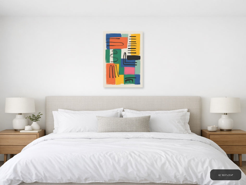 Colorful Abstract Geometric Blocks Black Lines Wall Art — A2 / Bedroom