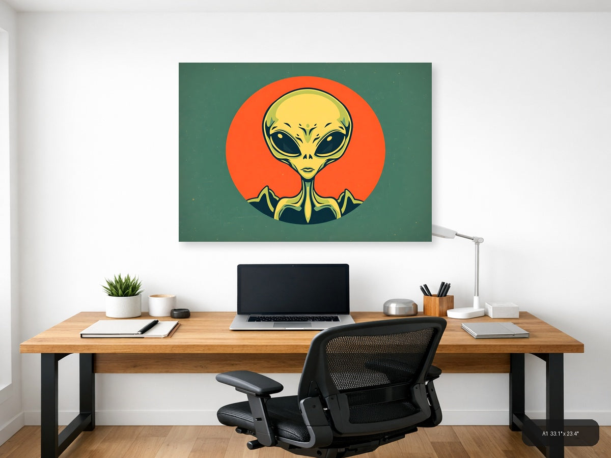Vintage Alien Head Portrait with Orange Sun Wall Art — A1 / Office