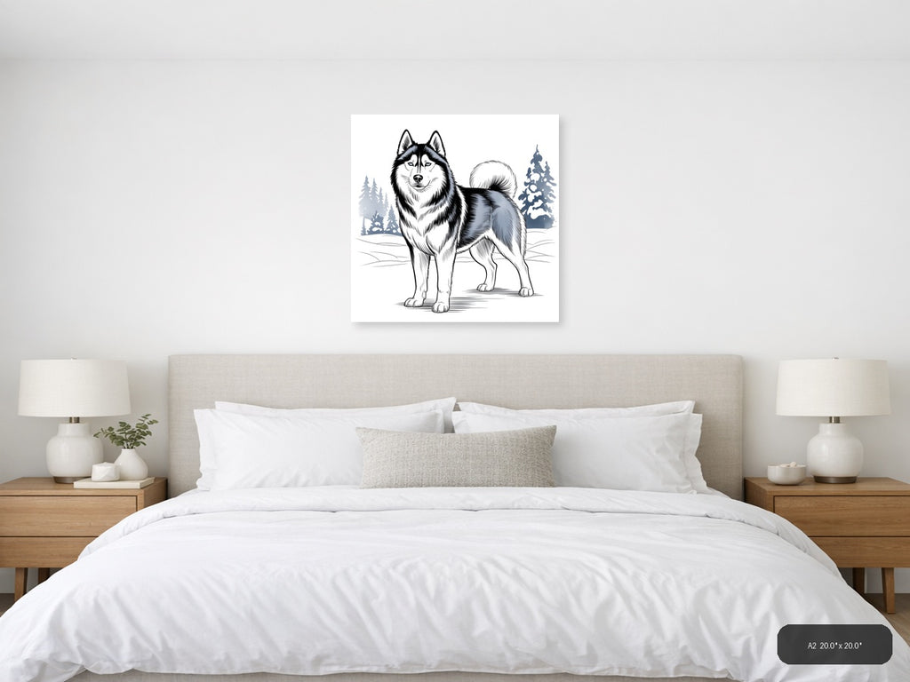 Husky Winter Line Art Portrait Wall Art — A2 / Bedroom