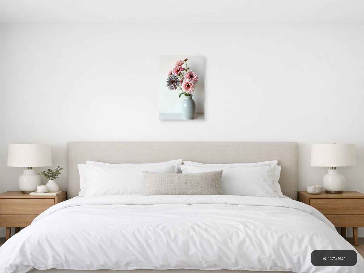 Minimalist Pink Gerbera Flowers in Vase Wall Art — A3 / Bedroom