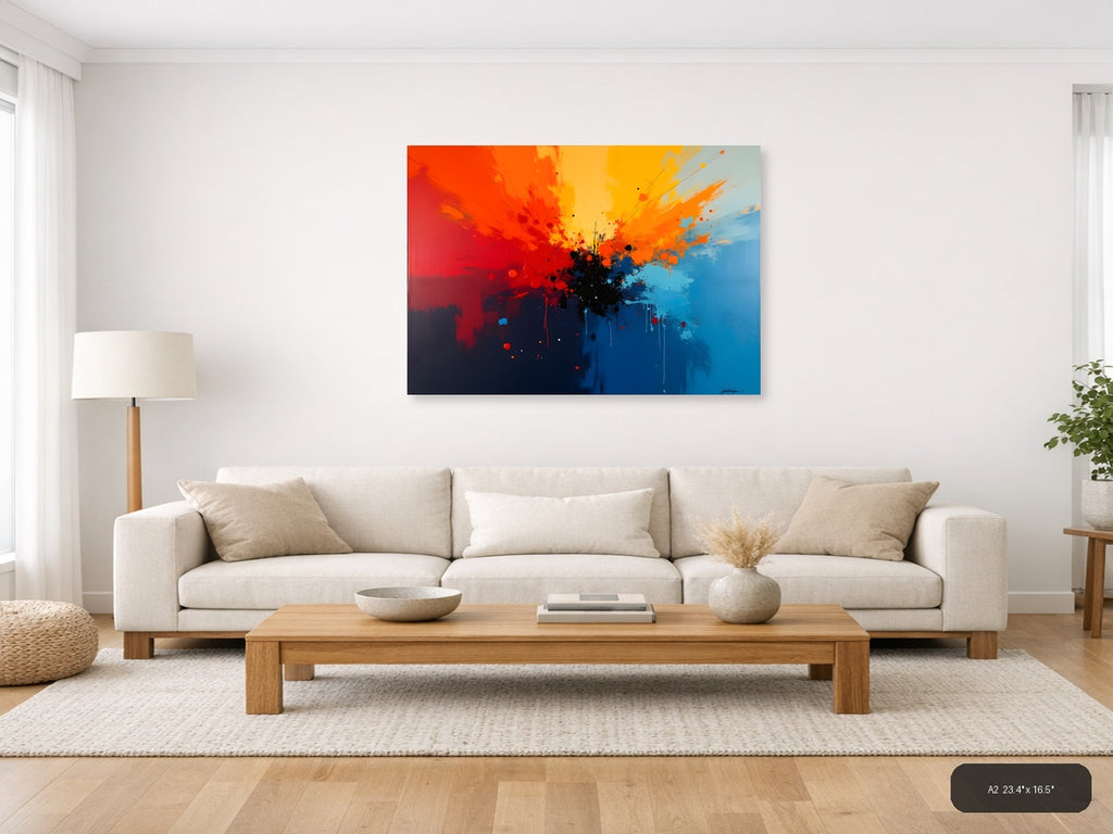 Abstract Explosion Blue Orange Red Splatter Wall Art — A2 / Living Room