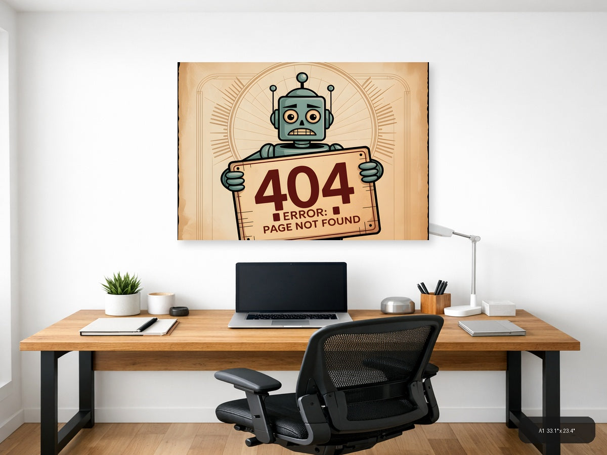Vintage Retro Robot 404 Error Message Wall Art — A1 / Office