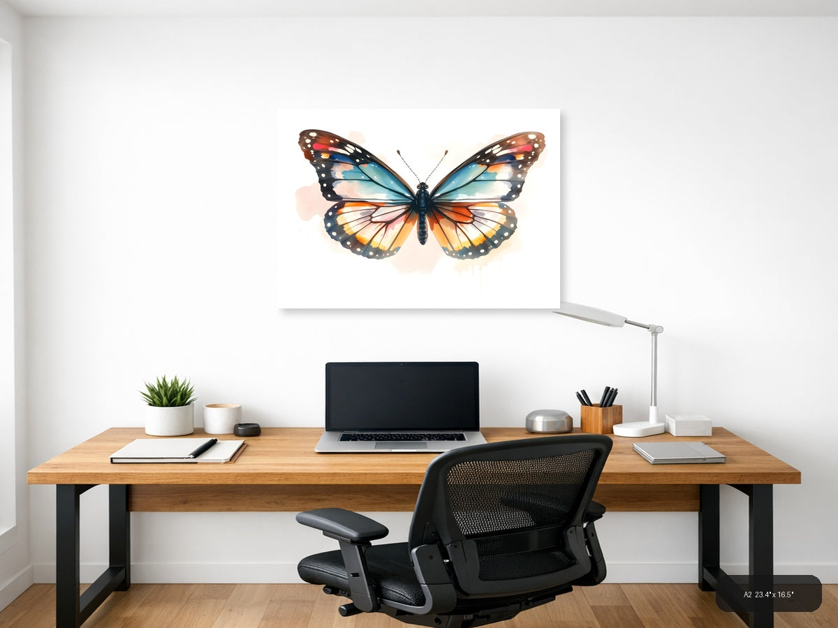 Watercolor Butterfly with Turquoise and Orange Wings Wall Art — A2 / Office