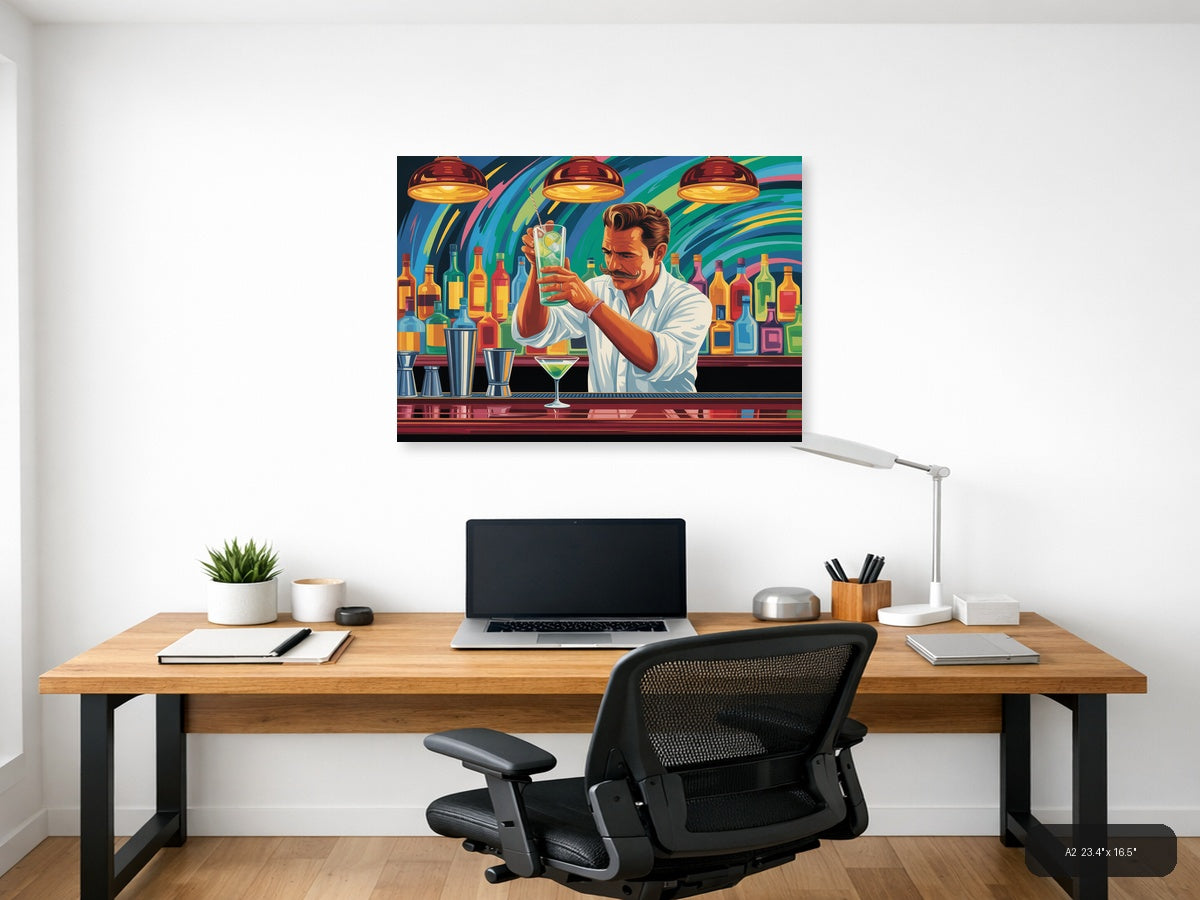 Vibrant Bartender Portrait Abstract Colorful Wall Art — A2 / Office