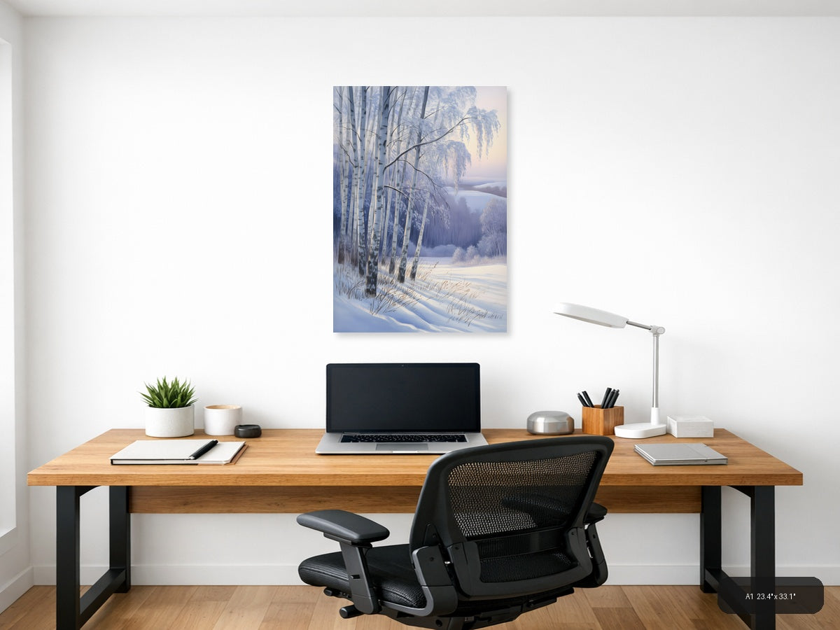 Frozen Birch Trees by Winter Lake Watercolor Wall Art — A1 / Office