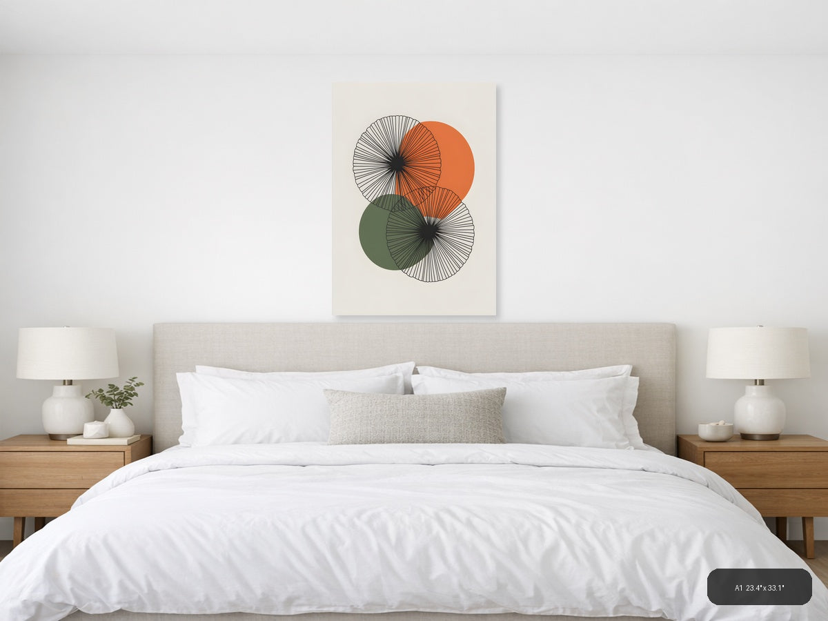 Minimalist Line Art Circles with Orange & Green Wall Art — A1 / Bedroom