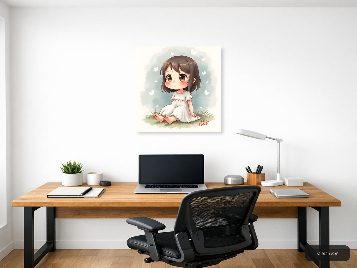 Cute Girl Sitting Watercolor Square Wall Art — A2 / Office