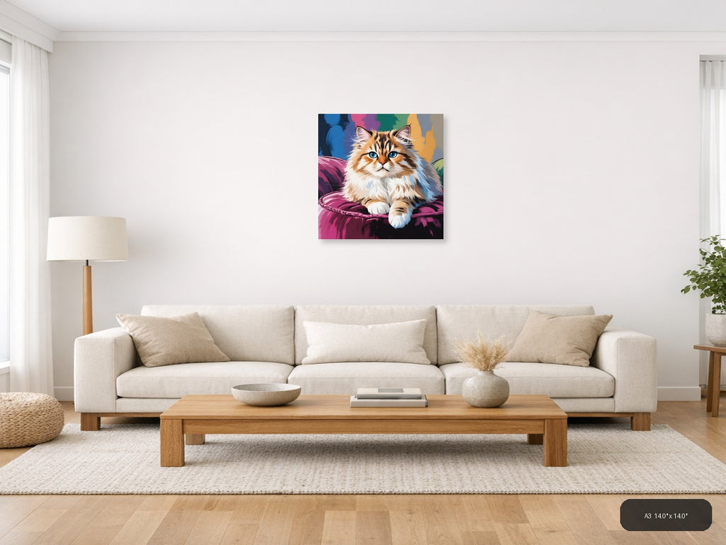 Fluffy Cat with Blue Eyes Abstract Colorful Wall Art — A3 / Living Room