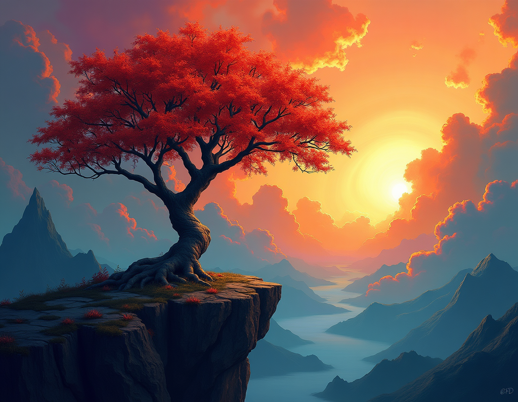 Crimson Tree Sunset Mountain Landscape Abstract Wall Art
