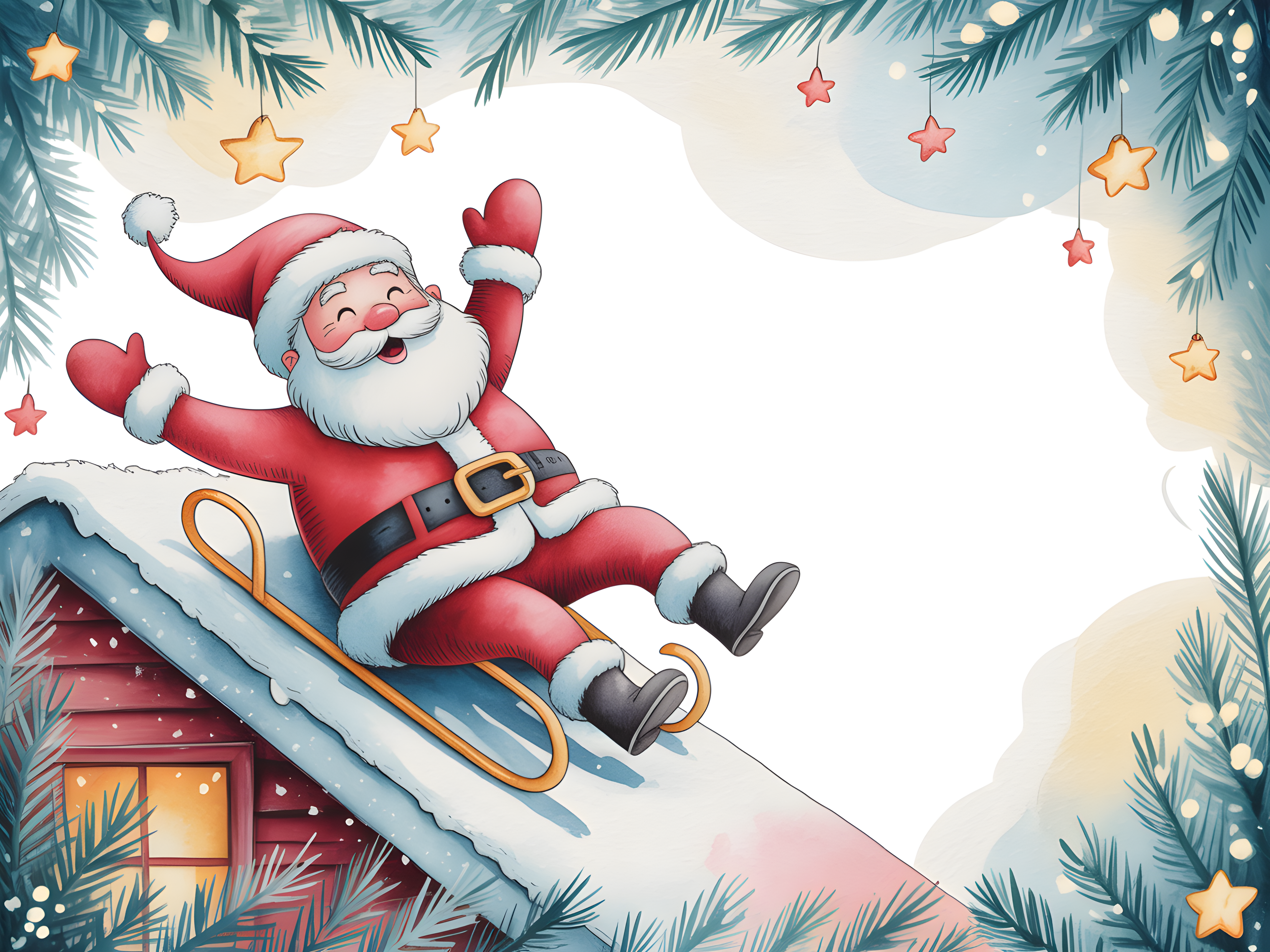 Santa Sledding Watercolor Christmas Wall Art
