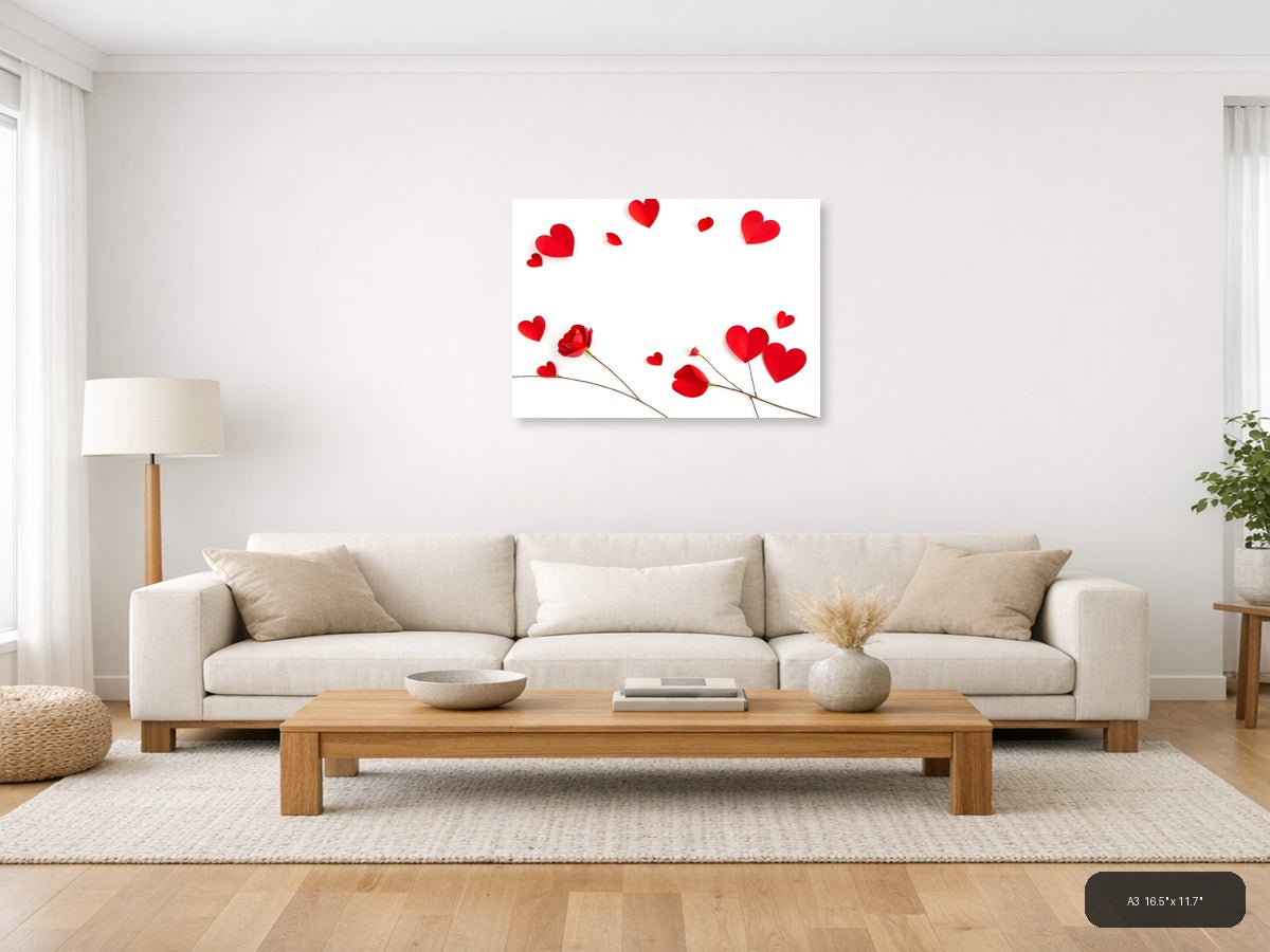 Red Hearts and Roses Minimalist Landscape Wall Art — A3 / Living Room
