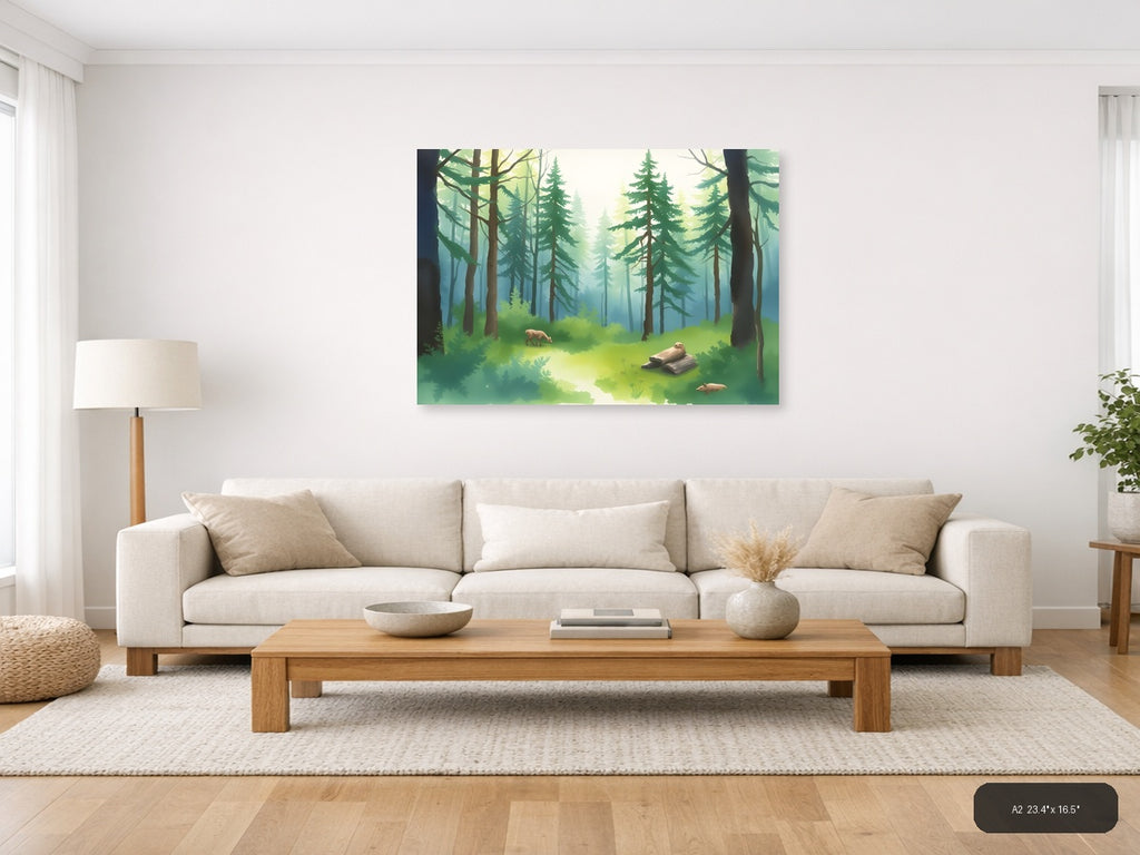 Misty Forest Stream with Wildlife Watercolor Wall Art — A2 / Living Room