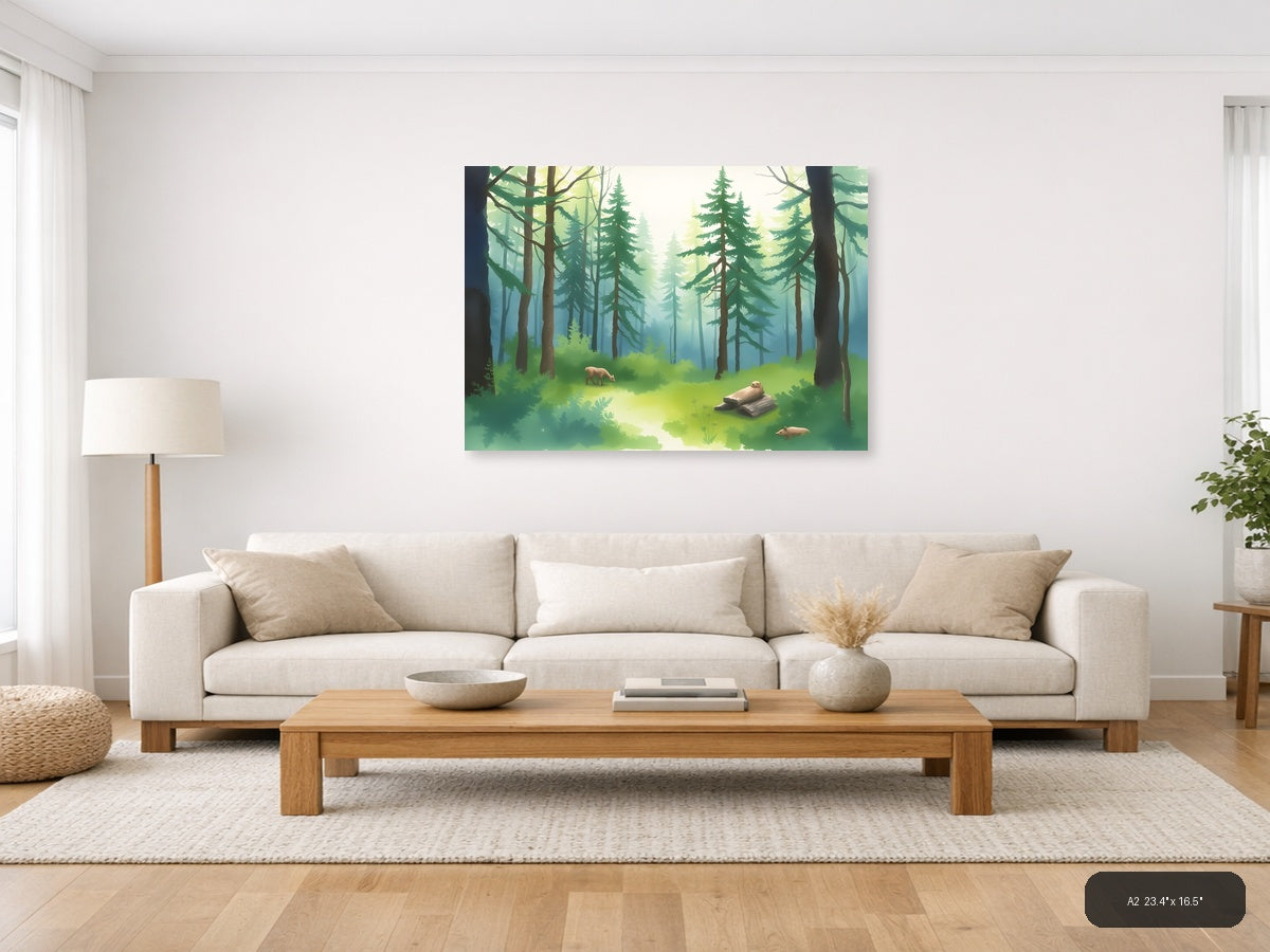 Misty Forest Stream with Wildlife Watercolor Wall Art — A2 / Living Room