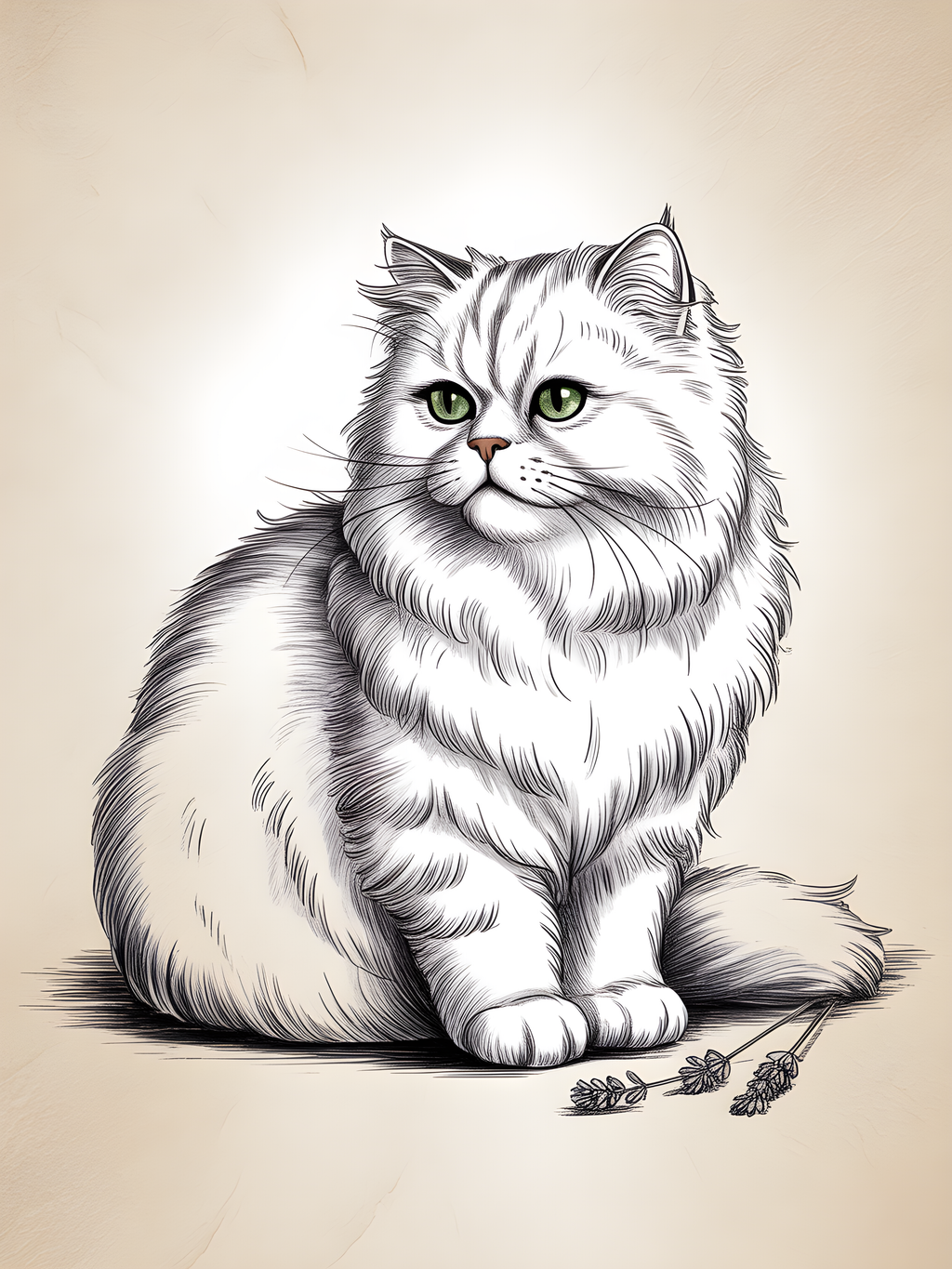 Fluffy White Cat with Green Eyes Line Art Wall Art