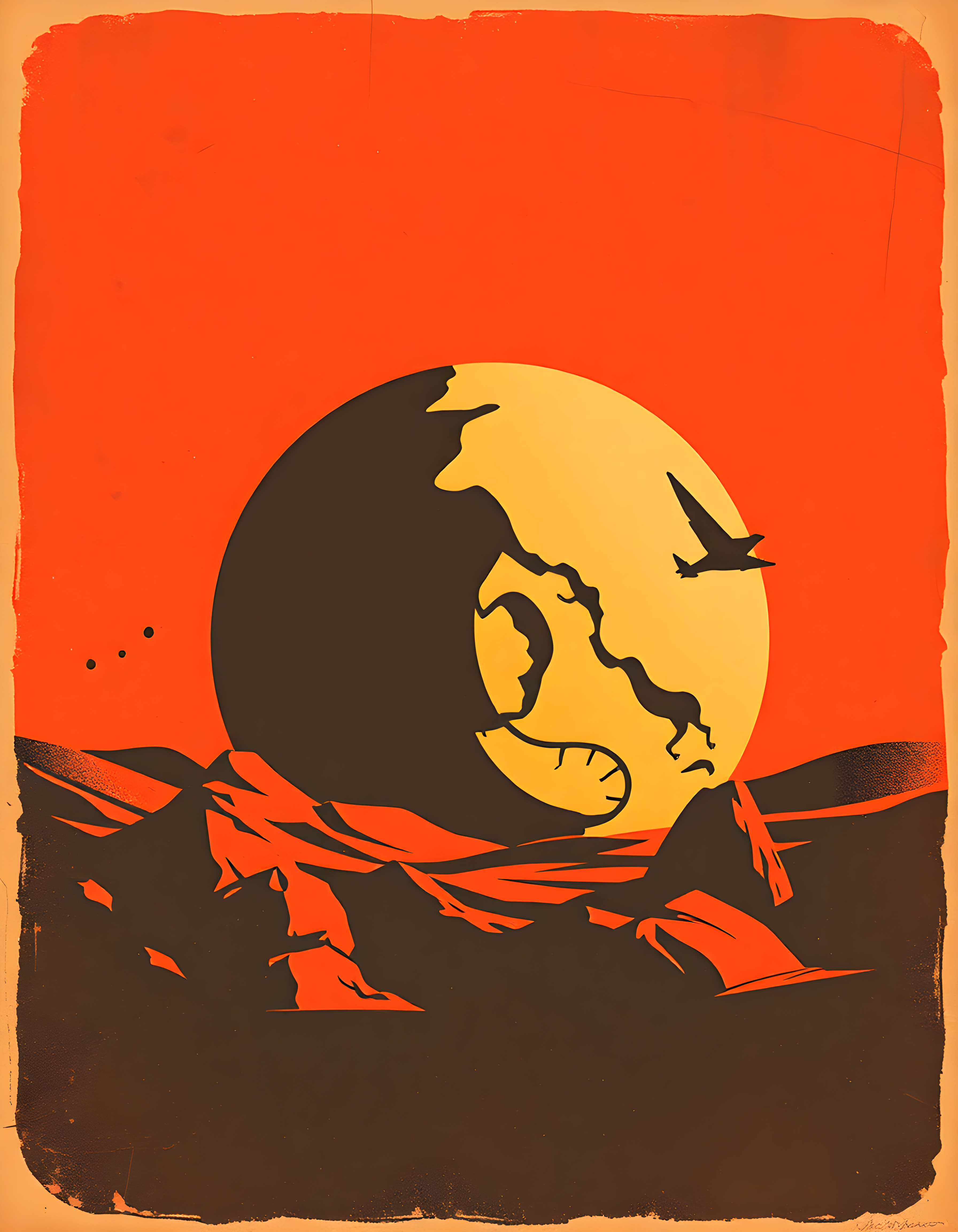 Vintage Moon Face Sunset Silhouette Wall Art