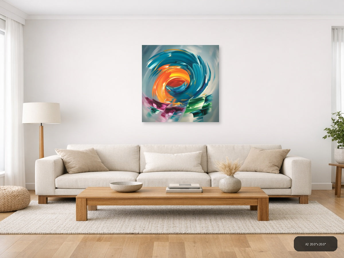 Vibrant Spiral Abstract Orange & Teal Canvas Wall Art — A2 / Living Room