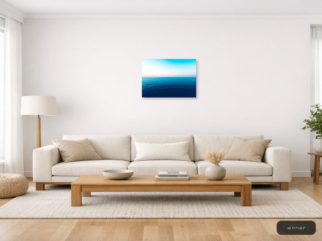Minimalist Ocean Horizon Blue Water Wall Art — A4 / Living Room