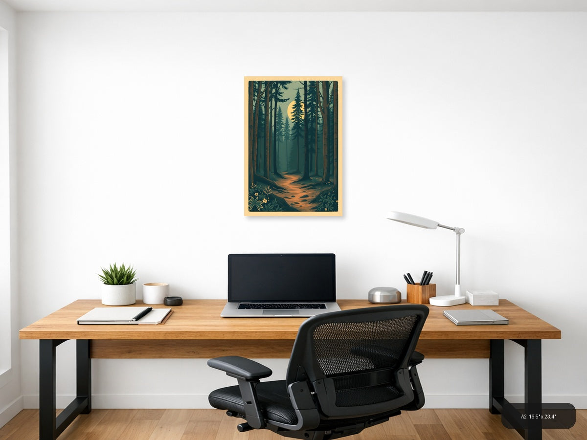 Vintage Forest Moon Path Illustration Wall Art — A2 / Office
