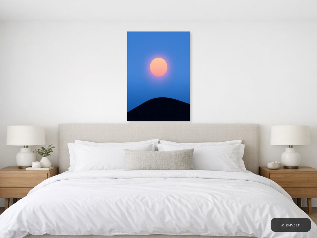Minimalist Sunset Moon Rising Over Dark Hill Wall Art — A1 / Bedroom