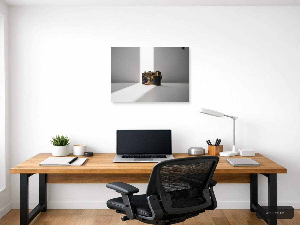 Vintage Gold Camera Minimalist Photography Wall Art — A3 / Office