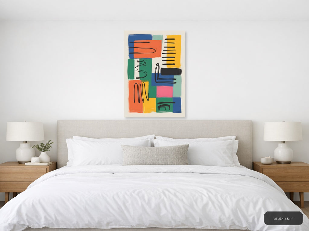 Colorful Abstract Geometric Blocks Black Lines Wall Art — A1 / Bedroom