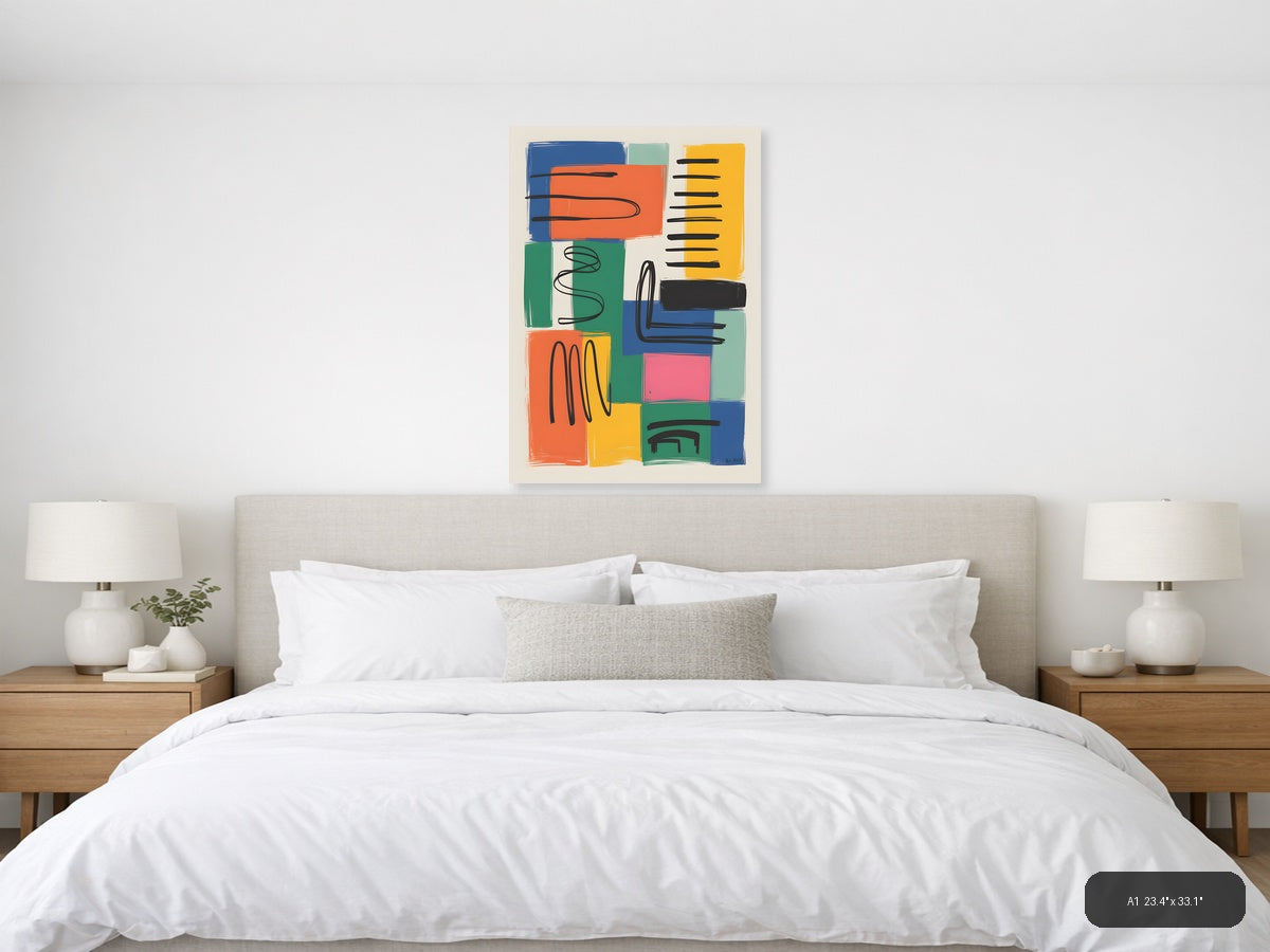Colorful Abstract Geometric Blocks Black Lines Wall Art — A1 / Bedroom
