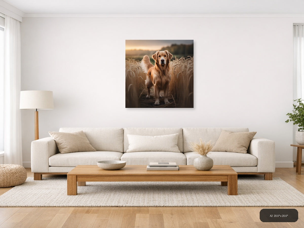 Golden Retriever in Wheat Field at Sunset Photography Wall Art — A2 / Living Room