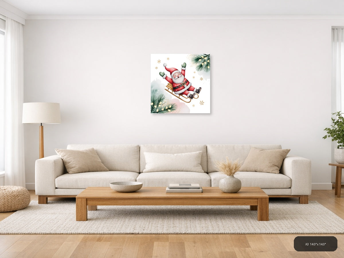 Jolly Santa on Sleigh Watercolor Wall Art — A3 / Living Room