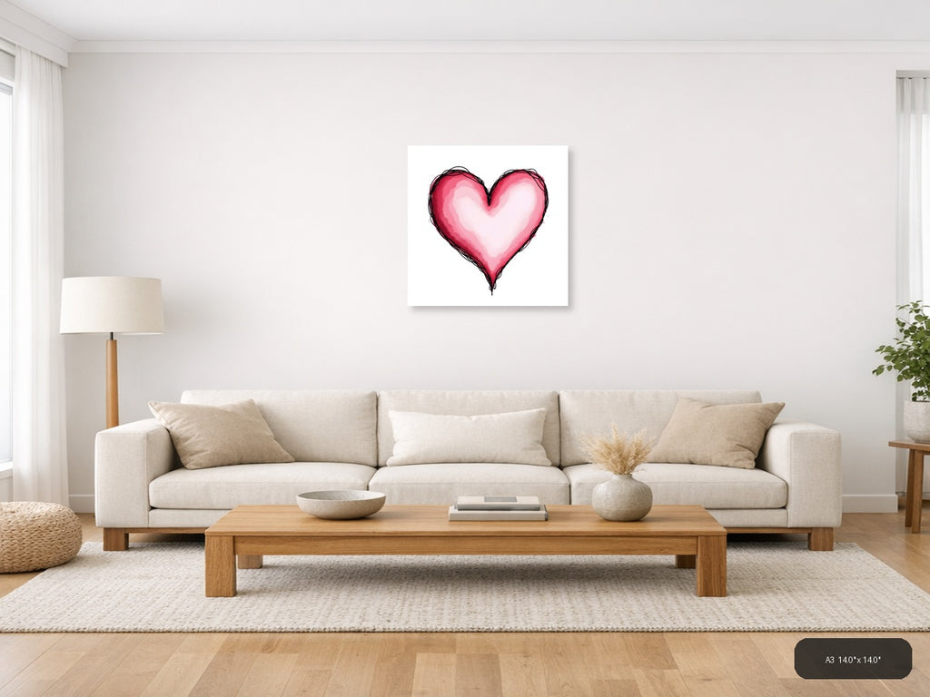 Pink Heart Line Art with Watercolor Fill Wall Art — A3 / Living Room
