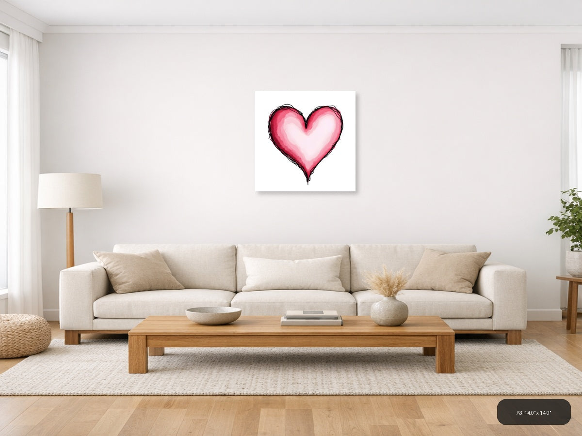 Pink Heart Line Art with Watercolor Fill Wall Art — A3 / Living Room