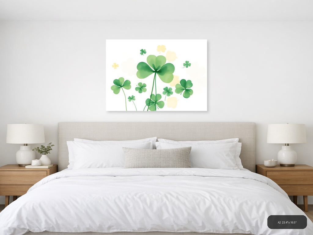 Lucky Four Leaf Clovers Watercolor Botanical Wall Art — A2 / Bedroom
