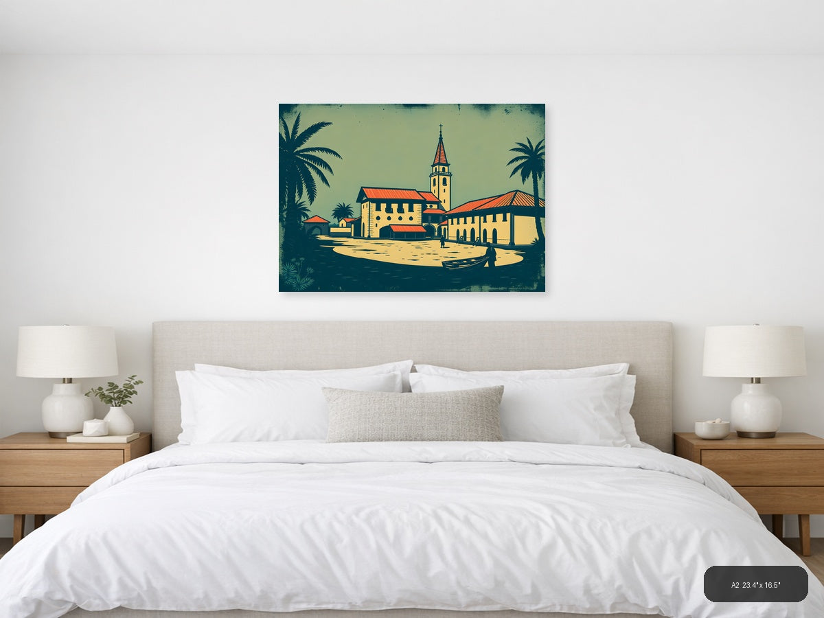 Vintage Tropical Church Landscape Wall Art — A2 / Bedroom
